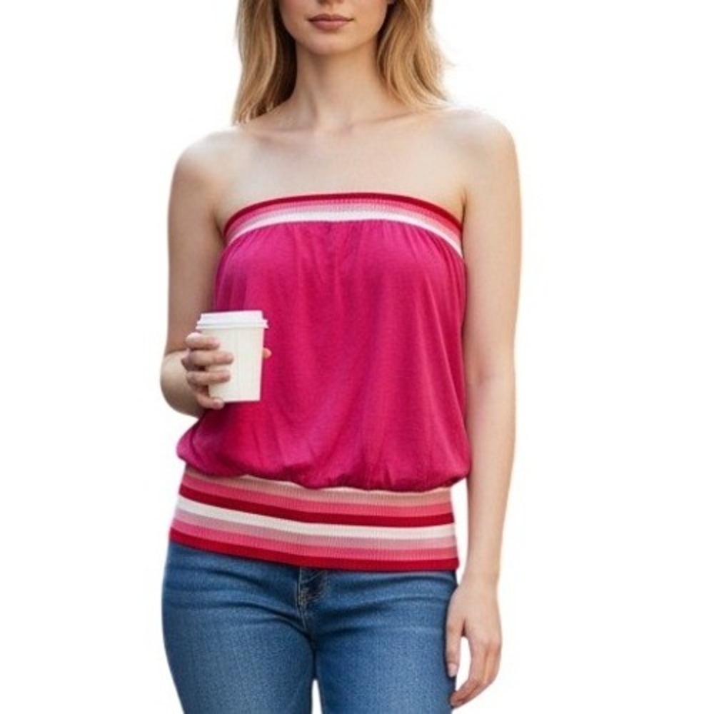 Lucca Tube Top Womens S Pink Striped Strapless Y2K Cotton Ribbed Trim Festival